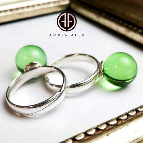 Green Amber Round Bead Adjustable Ring Sterling Silver