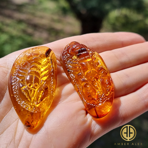 Cognac Amber Carved Lobster  Cabochons