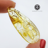 Natural Amber Carved Bee On Honeycomb Cabochon with Insects