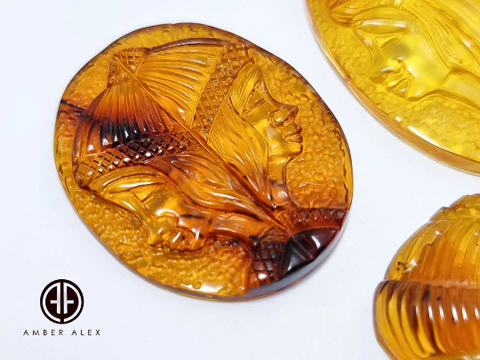 Cognac Amber Carved Gemini  Cabochons