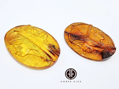 Cognac Amber Carved Gemini  Cabochons