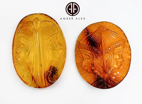 Cognac Amber Carved Gemini  Cabochons