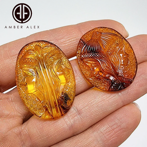 Cognac Amber Carved Gemini  Cabochons