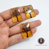 Cognac Amber Engraved Tree Rectangular Shape Cabochon