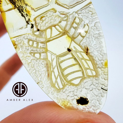 Natural Amber Carved Bee On Honeycomb Cabochon with Insects