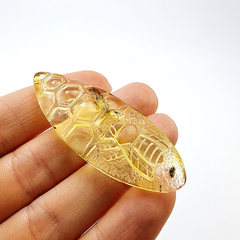 Natural Amber Carved Bee On Honeycomb Cabochon with Insects