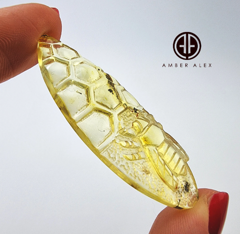 Natural Amber Carved Bee On Honeycomb Cabochon with Insects