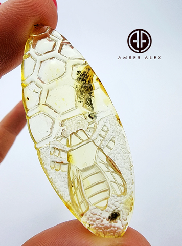 Natural Amber Carved Bee On Honeycomb Cabochon with Insects