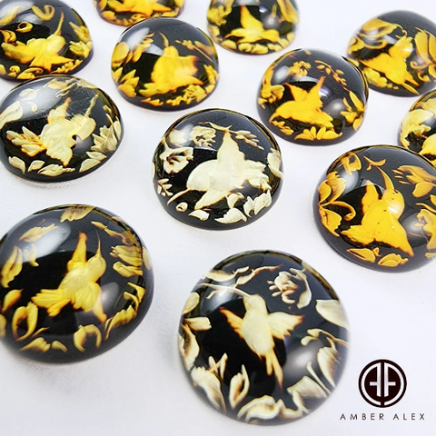 Cherry Amber Engraved Hummingbird Round Shape Cabochon