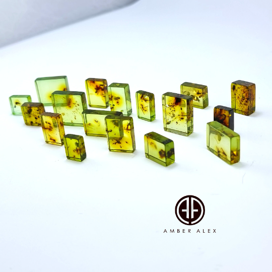 Green Amber Rectangular Shape Cabochons With Insects