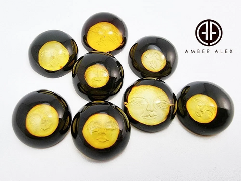 Cherry Amber Engraved Moon Round Shape Cabochon