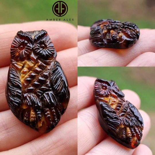 Fossil & Cognac Carved Birds Cabochon