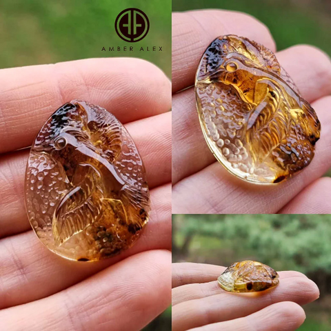 Fossil & Cognac Carved Birds Cabochon