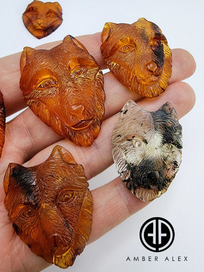 Cognac Amber Carved Wolf Cabochon
