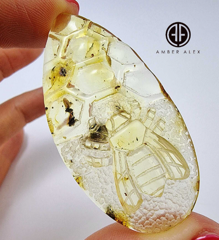 Natural Amber Carved Bee On Honeycomb Cabochon with Insects