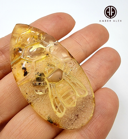 Natural Amber Carved Bee On Honeycomb Cabochon with Insects