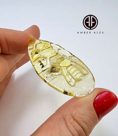 Natural Amber Carved Bee On Honeycomb Cabochon with Insects