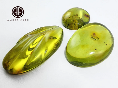 Green Amber Free Shape Cabochons With Insects