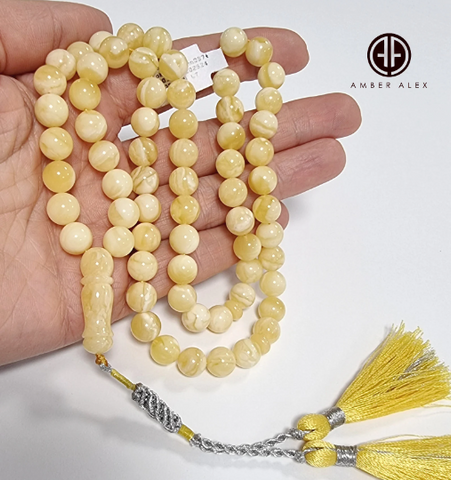 Yellow with White Amber Round Shape 8.5 mm Islamic Prayer Beads