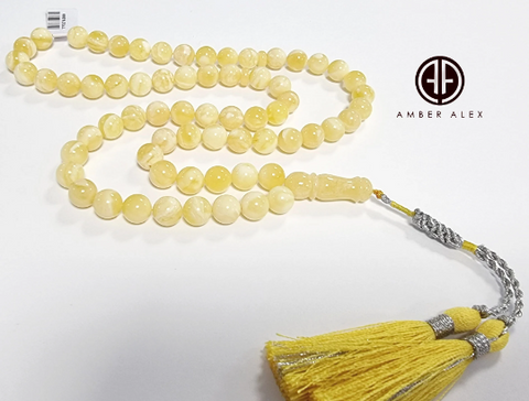 Yellow with White Amber Round Shape 8.5 mm Islamic Prayer Beads