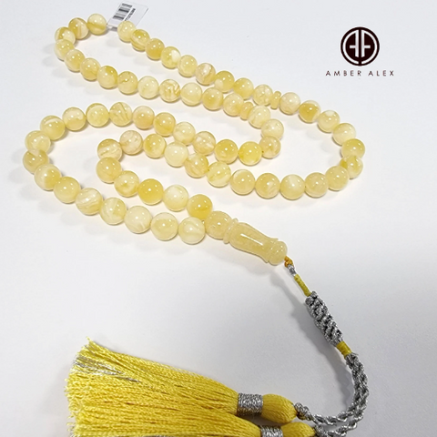 Yellow with White Amber Round Shape 8.5 mm Islamic Prayer Beads