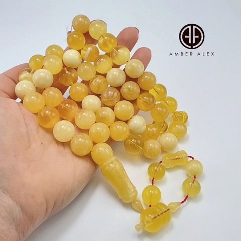 Yellow With White Amber Round Shape 15mm  Islamic Prayer Beads