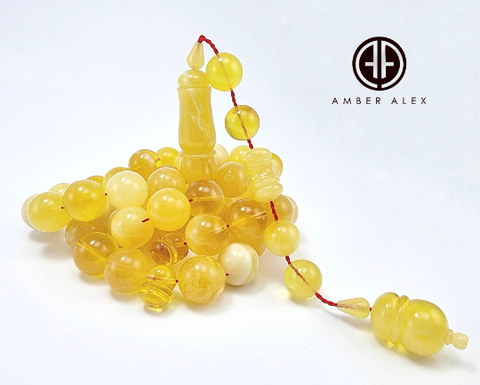 Yellow With White Amber Round Shape 15mm  Islamic Prayer Beads