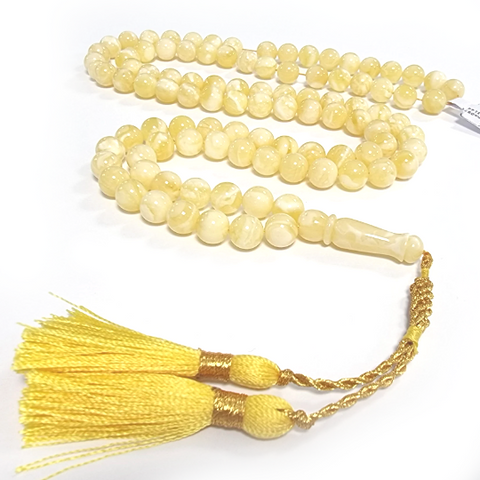 Yellow with White Amber Round Shape 8 mm Islamic Prayer Beads