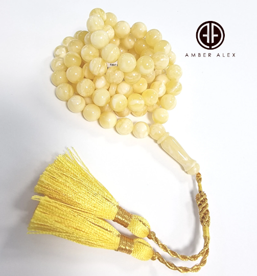 Yellow with White Amber Round Shape 8 mm Islamic Prayer Beads