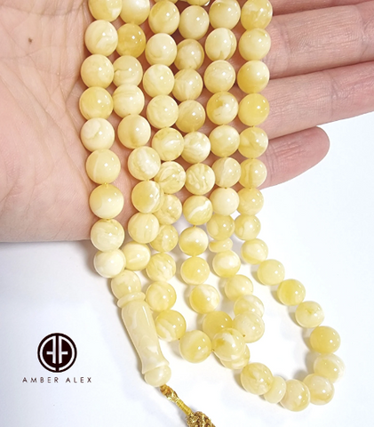 Yellow with White Amber Round Shape 8 mm Islamic Prayer Beads