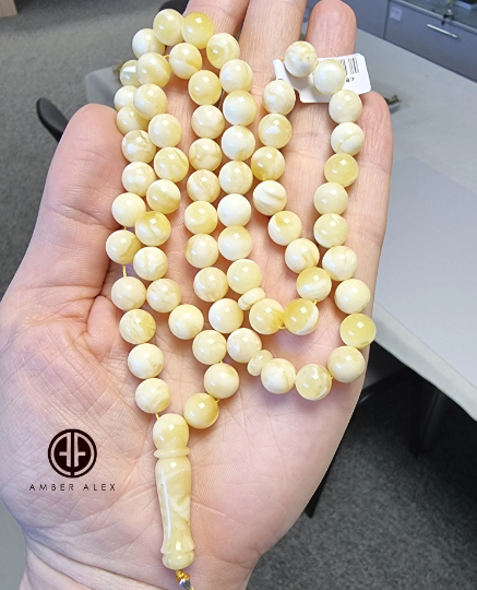 White With Yellow Amber Round Shape 8.5 mm Islamic Prayer Beads