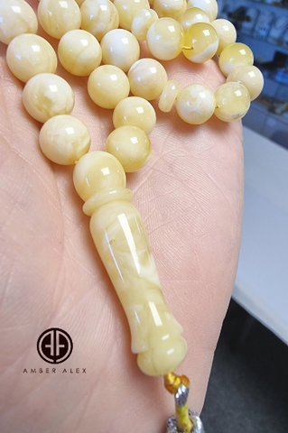 White With Yellow Amber Round Shape 8.5 mm Islamic Prayer Beads