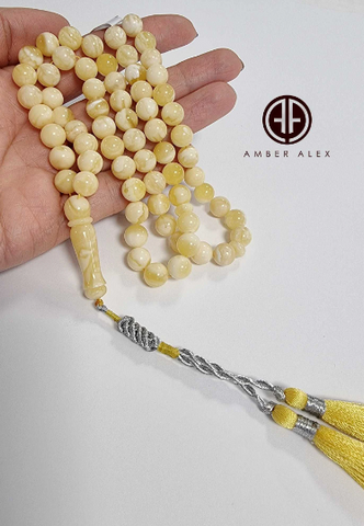 White With Yellow Amber Round Shape 8.5 mm Islamic Prayer Beads