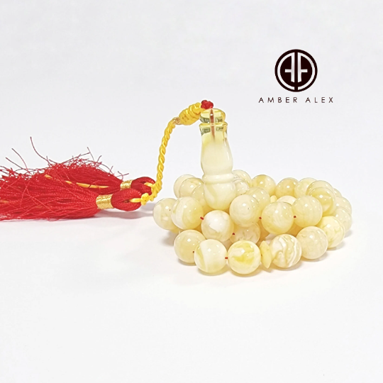 White with Yellow Amber Round Shape 12mm Islamic Prayer Beads