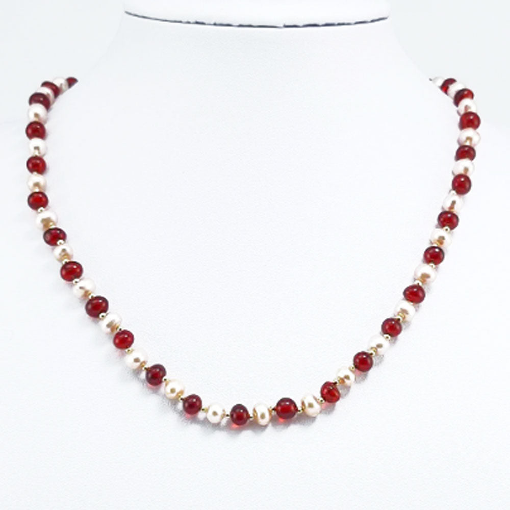 Red Amber & Pearls Baroque Beads Necklace 14k Gold Plated
