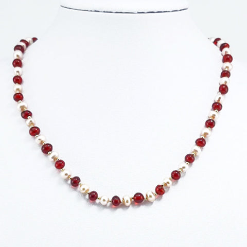 Red Amber & Pearls Baroque Beads Necklace 14k Gold Plated