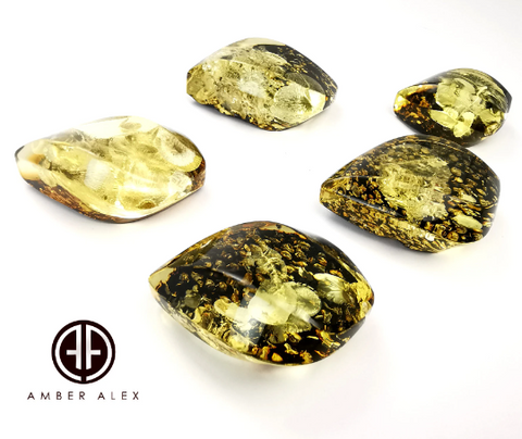 "Earth Stone" Green Amber Flame Shape Cabochons