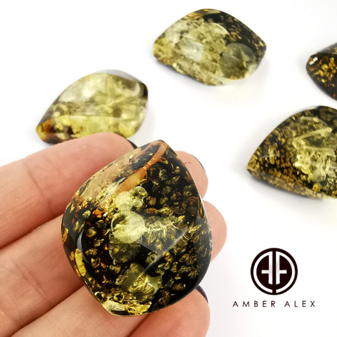 "Earth Stone" Green Amber Flame Shape Cabochons