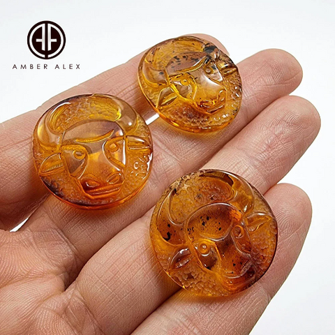 Cognac Amber Carved Taurus Cabochons