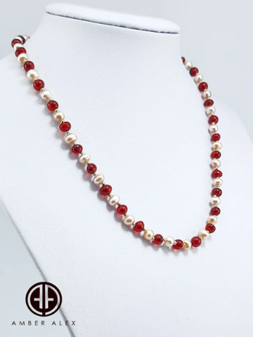 Red Amber & Pearls Baroque Beads Necklace 14k Gold Plated