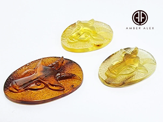 Natural Amber Carved Capricorn Cabochons With Insects