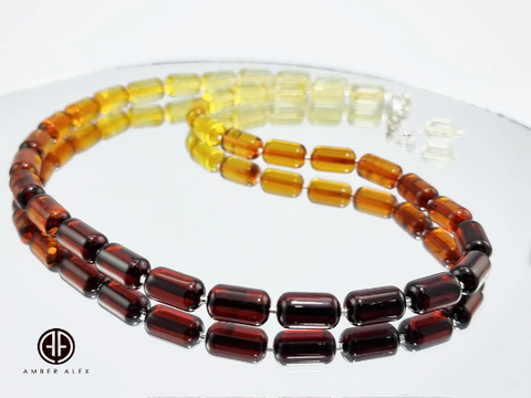 Gradient Amber Barrel Beads Necklace Sterling Silver