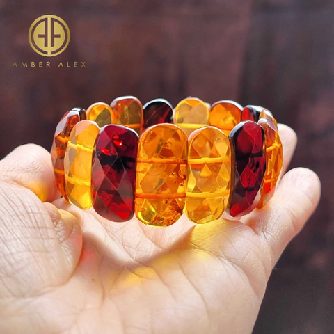 Multi-Color Amber Faceted Tablet Beads Stretch Bracelet