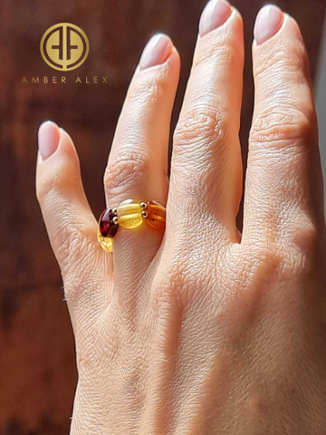 Multi-Color Amber Cabochon Bead Stretch Ring