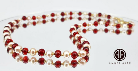 Red Amber & Pearls Baroque Beads Necklace 14k Gold Plated