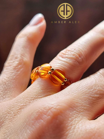 Cognac Amber Tablet Bead Stretch Ring