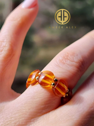 Cognac Amber Tablet Bead Stretch Ring