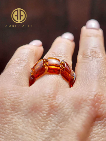 Cognac Amber Rectangular Bead Stretch Ring