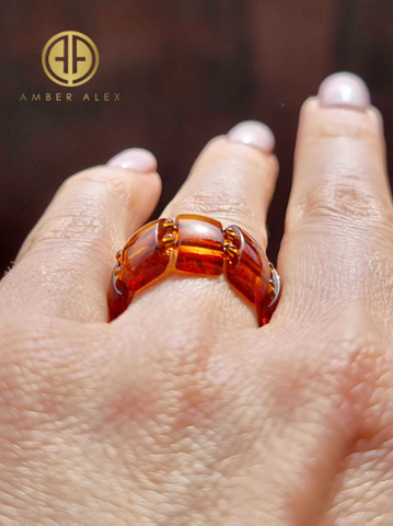 Cognac Amber Rectangular Bead Stretch Ring