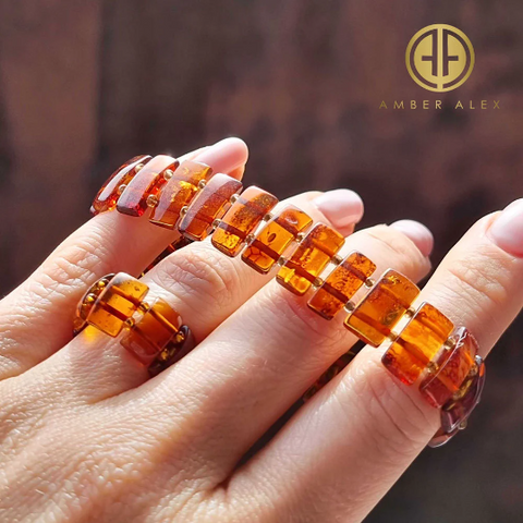 Cognac Amber Rectangular Beads Stretch Bracelet